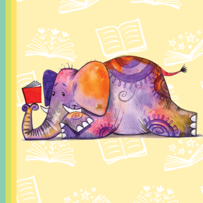 Elephant reading with books in the background