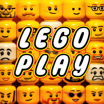 Text reads LEGO PLAY with lego character heads as the background