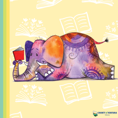 Elephant with books in the background