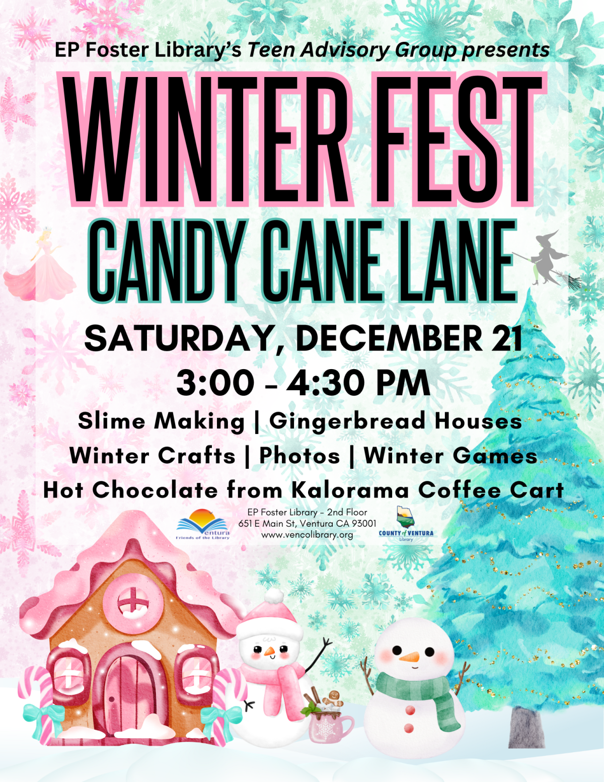 Winter Fest graphic with pink and green snowflakes, snowmen, gingerbread house and winter tree