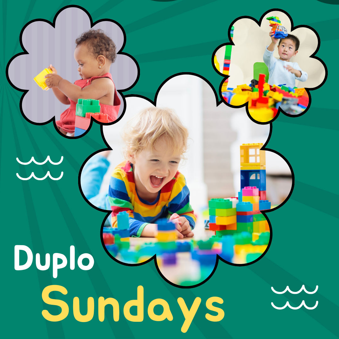 Three photos of children playing with blocks - Duplo Sundays