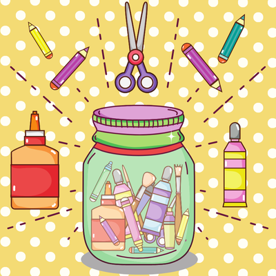 crafting supplies with a white and yellow dot background