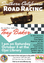 Flyer for event, info on calendar listing. Flyer is retro colored teal and red with a sepia image of a racing car.