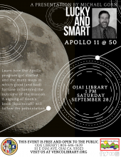 flyer for event, info on calendar listing, black and white moon image, with image of author 