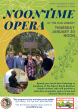 Flyer for the event, info on the calendar listing. The flyer is retro colored, mustard and olive with two photos. The first photo is of the opera company and the second is a male opera singer singing in the library.