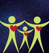a stylized green family with red heart on a galaxy background
