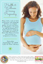 light teal and white flyer, image of peaceful coily haired pregnant woman all info in description