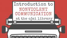 red and black graphic of a typewriter with note reading Introduction to nonviolent communication at the ojai library