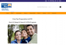 United Way VITA website screenshot - shows a photo of a young family smiling