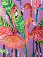 Paintin of three flamingos on a purple background with a flowering bird of paradise stalk and leaf.