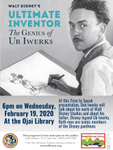 Flyer for the event, info on the calendar listing. The flyer is black, white, and teal  with a photo of opera Ub Iwerks. 