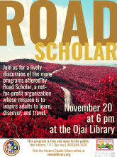 Flyer for event, info on calendar listing. Flyer is autumn colored with a field of bougainvillea and a road leading to blue skies.