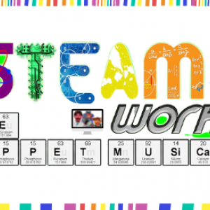 STEAM Works the Puppet Musical. Steam is written with letters filled with images of circuits and math equations. The Puppet Musical is written out using the element symbols from the periodic table.  