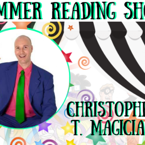 Black and white curtain with stars and swirlys overlaid, background is white with superheroes. Summer reading show and the performers name written in black lettering with an aqua shadow. Aqua colored circle frame with the performer in it. 