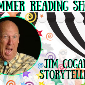 Black and white curtain with stars and swirlys overlaid, background is white with superheroes. Summer reading show and the performers name written in black lettering with an aqua shadow. Aqua colored circle frame with the performer in it. 