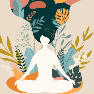 Stylized graphic of a person with long flowing hair in a yoga pose.