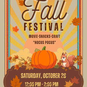 Fall Festival at Avenue Library on Saturday, October 28 from 12:00 to 2:00.  Featuring the movie Hocus Pocus, snacks, and a craft.