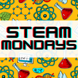 Text STEAM Mondays with science icons in the background