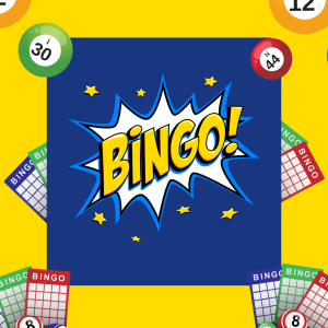 Graphic of Bingo balls and cards with title of activity