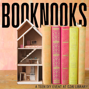 Book nooks a teen DIY event at Ojai Library. Tall portion what looks like a slender dollhouse in between books on a table.