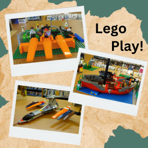 Three collage pictures of Lego creations made by children
