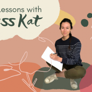 Art lessons with Miss Kat. Woman sits with a pad of paper and drawing tool