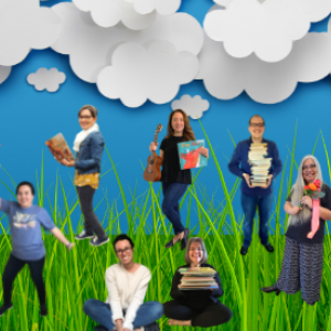blue sky, white fluffy clouds and long green grass, storytime performers posing standing on grass.