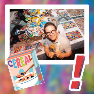 Picture of person leading collage workshop. Exclamation point and cereal box illustration.