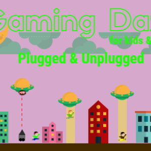 Atari- like illustrations purple background with green clouds. UFOs, buildings, people running trying to avoid abduction. Lime green words. Gaming Daze for kids and teens Plugged and Unplugged. 