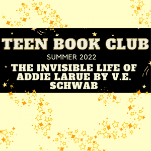 Graphic design with stars of Teen Book Club with title of book 