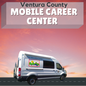 Illustration of the Mobile Career Center vehicle driving on the road into the sunset. large van with the library card logo on the vehicle. Text on vehicle reads Ventura County Library across the side with Mobile Library printed on the door. Ventura County Library Mobile Library.