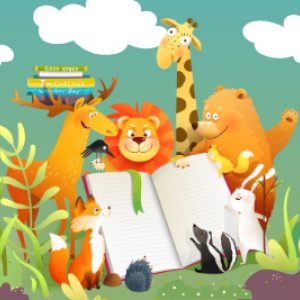 Graphic of wild animals reading a book on a background of bushes and clouds.