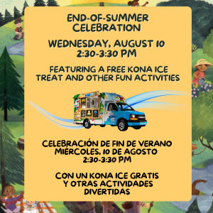 Information flyer for event with centered image of the Kona Ice food truck on a painted background of children playing and reading in nature.