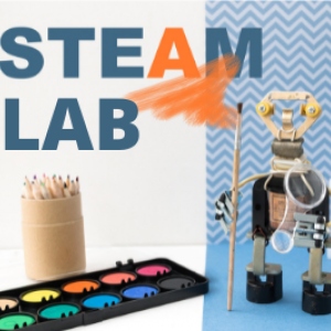 Banner at top reads "STEAM Lab" with images of a water color paint set, homemade robot holding a paint brush and assorted science beakers.