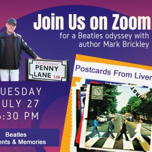 Join u on Zoom for a Beatles odyssey with author Mark Brickley - shows a photo of the author along with the cover of the Beatles Abbey Road album