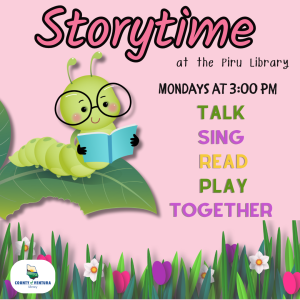 Green caterpillar reading a book sitting on a leaf. Text reads storytime at the Piru Library, on Mondays at 3 pm. 