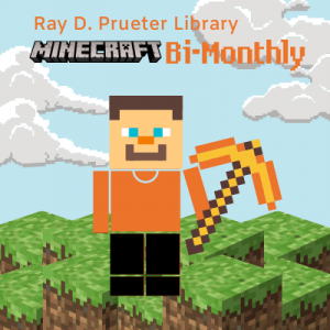 E.P. Foster Library Minecraft Bi-Monthly Steve with an Orange Pickaxe.