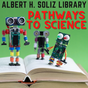 Robots on a book with text pathways to science