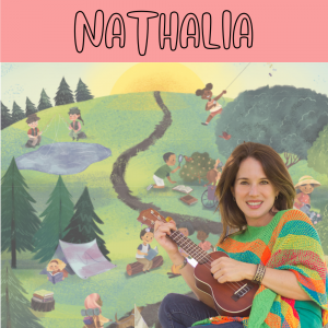 Name Nathalia Outdoor Scene with Campers, Hikers, and Nature.  Picture of Summer Performer Nathalia Holding a Ukuelele