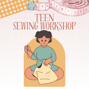 Teen sewing workshop. illustration of teen sewing with tape measure and grid background.