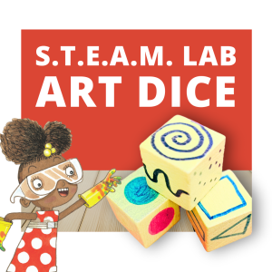 Red background with paper dice and a table foreground with a cute child illustration. S.T.E.A.M. LAB ART DICE.