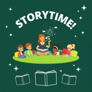 Title of event with graphic of adult reading to children