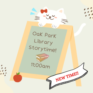 Graphic of a cartoon cat with storytime written on a sign