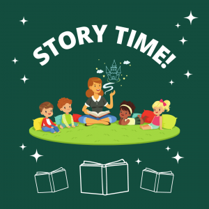 Event title and graphic of adult reading to children