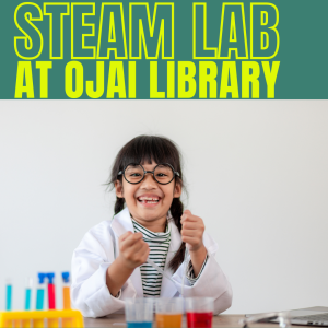 STEAM Lab at Ojai Library. Smiling child with a play beakers and lab equipment. 