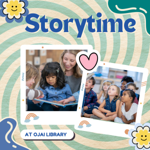 Storytime at Ojai Library. Children sitting listening to story with smiling adult. blue and white abstract background.