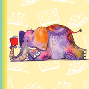 Elephant reading with books in the background