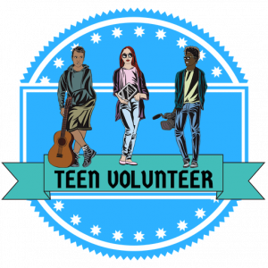 "Teen volunteer" badge like a blue ribbon. Three teens holding various items of interest: guitar, tablet, and camera.