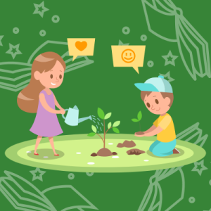 Two children watering plants