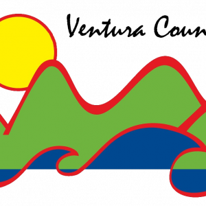 Ventura County Library logo, green mountains, blue waves, yellow sun. All have a red outline.